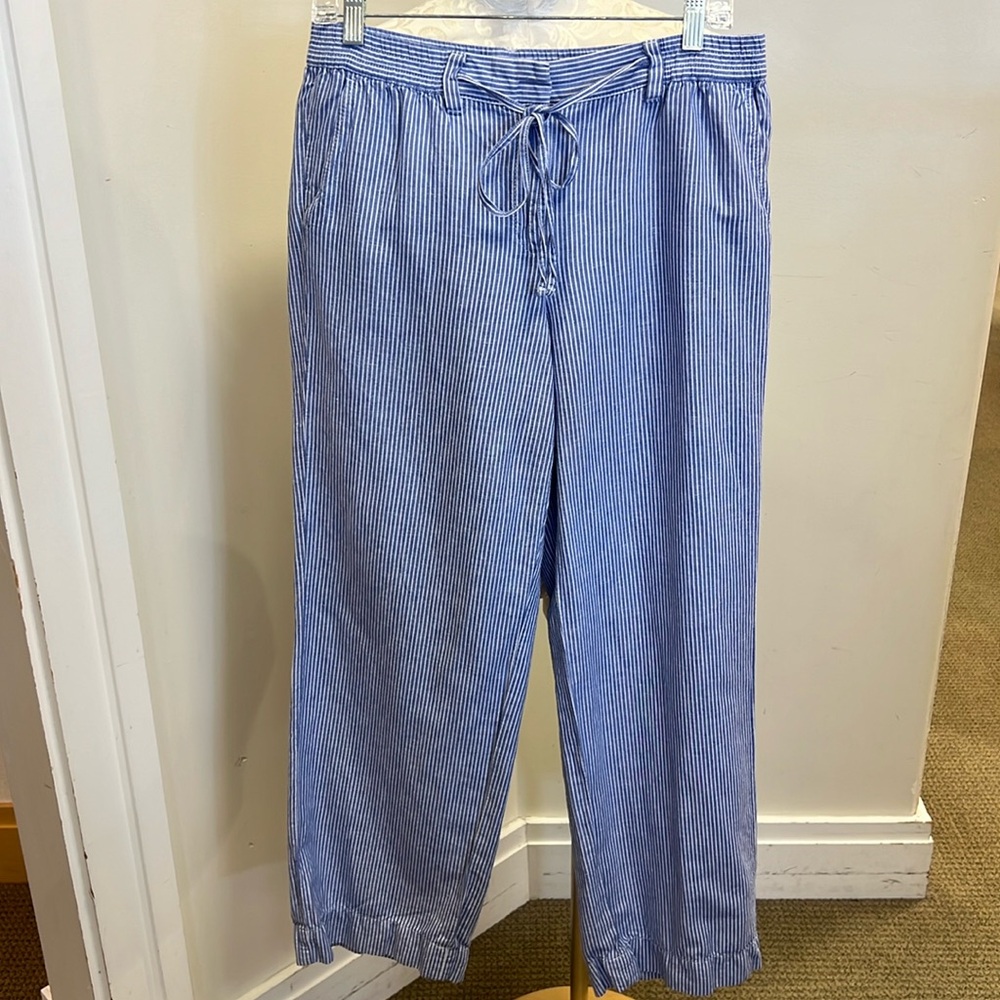Blue & white striped size 10 Easy Drawstring Pant by Talbots with wide legs